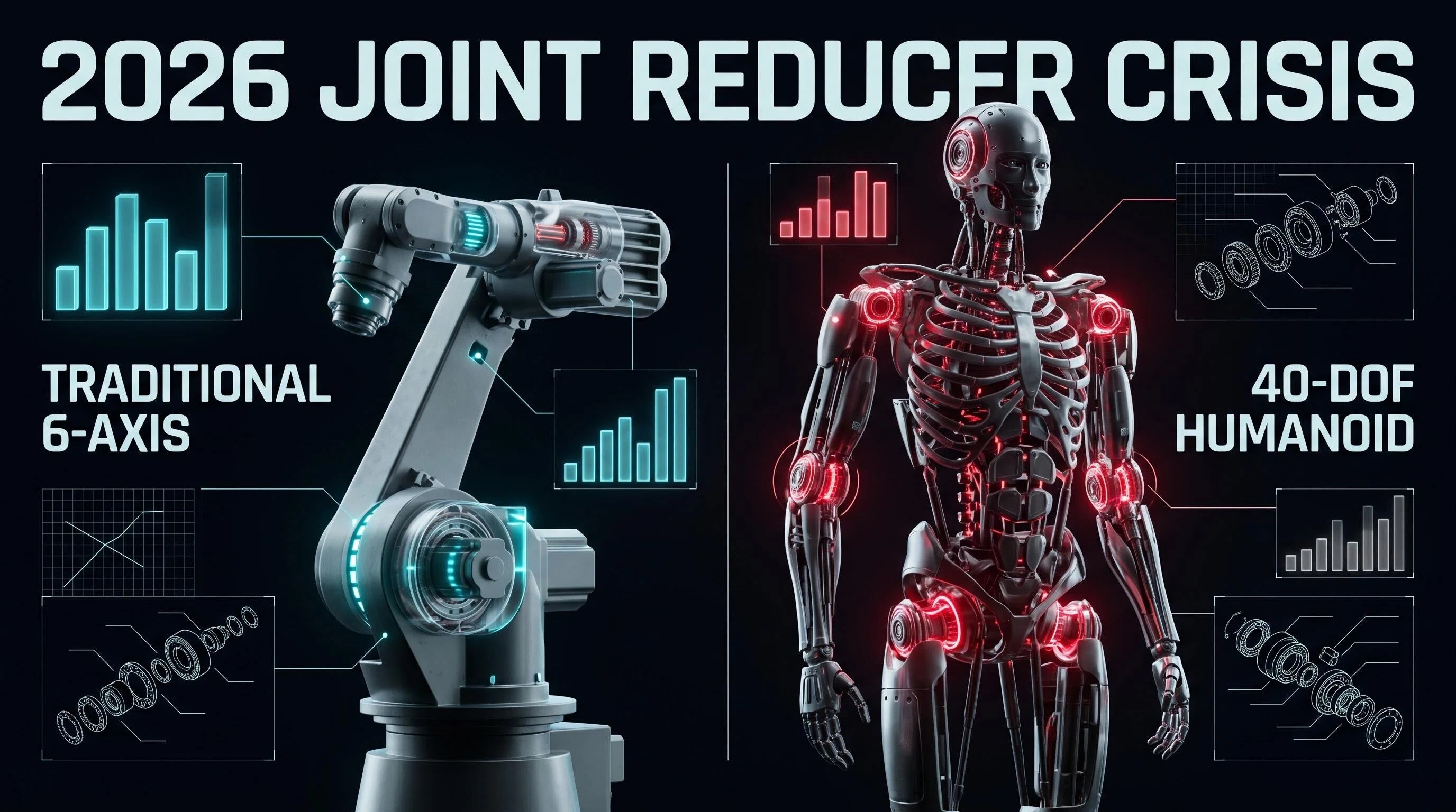 Comparison_infographic_visualizing_the_production_scaling_bottleneck_between_traditional_6-axis_industrial_arms_and_a_40-degree-of-freedom_humanoid_robot,_highlighting_the_joint_reducer_volume_crisis_in_2026.jpg